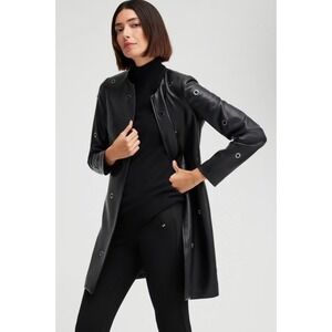 Chicos 3 Women's Black Faux Leather‎ Grommet Detail Collarless Jacket 16 XL NWT